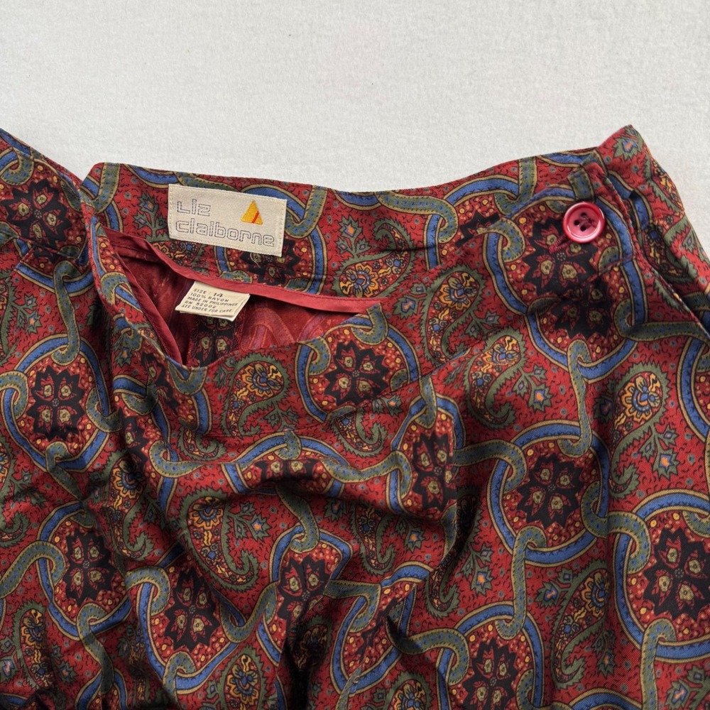 Liz Claiborne Vintage Red Paisley Rayon Midi Skirt Womens 14 A-Line‎ Boho Retro - Picture 6 of 7